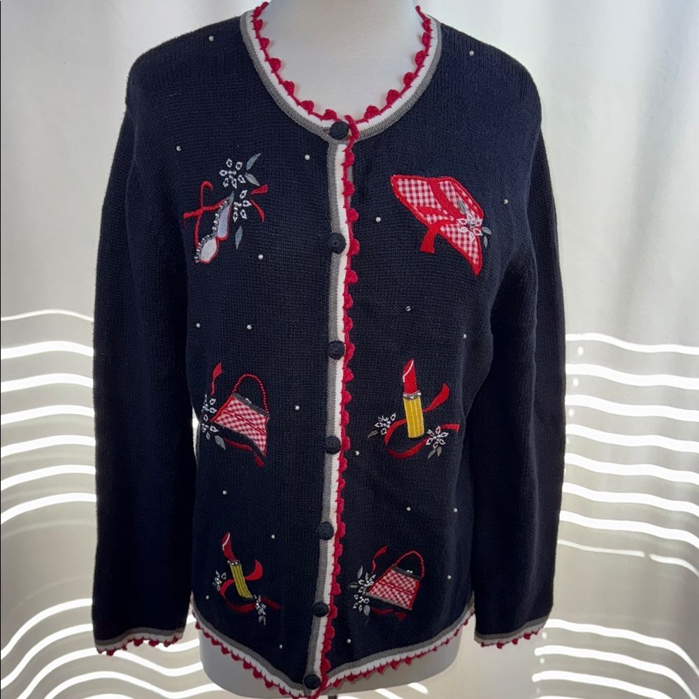 Vintage Sag Harbor Black Cardigan with Red and White Embellishments, Small